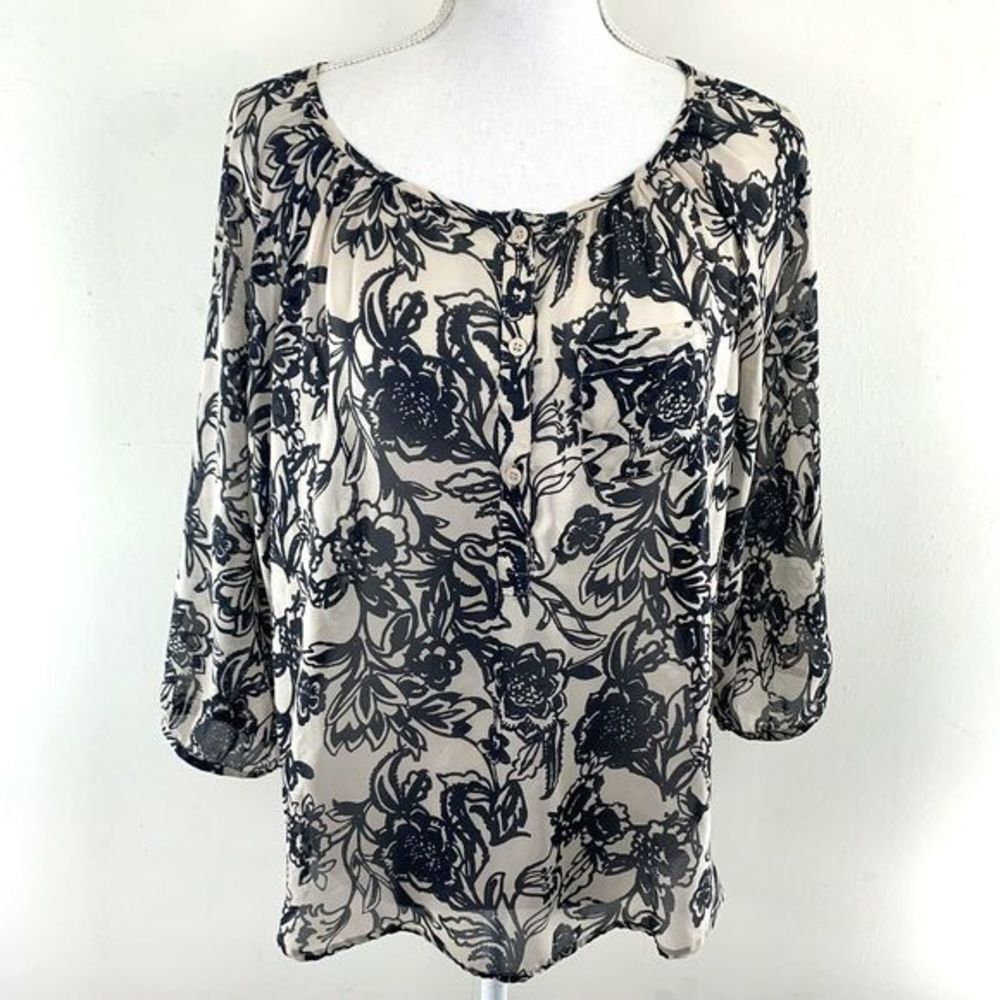 LOFT Floral Button Sheer 3/4 Sleeve Blouse‎ Top